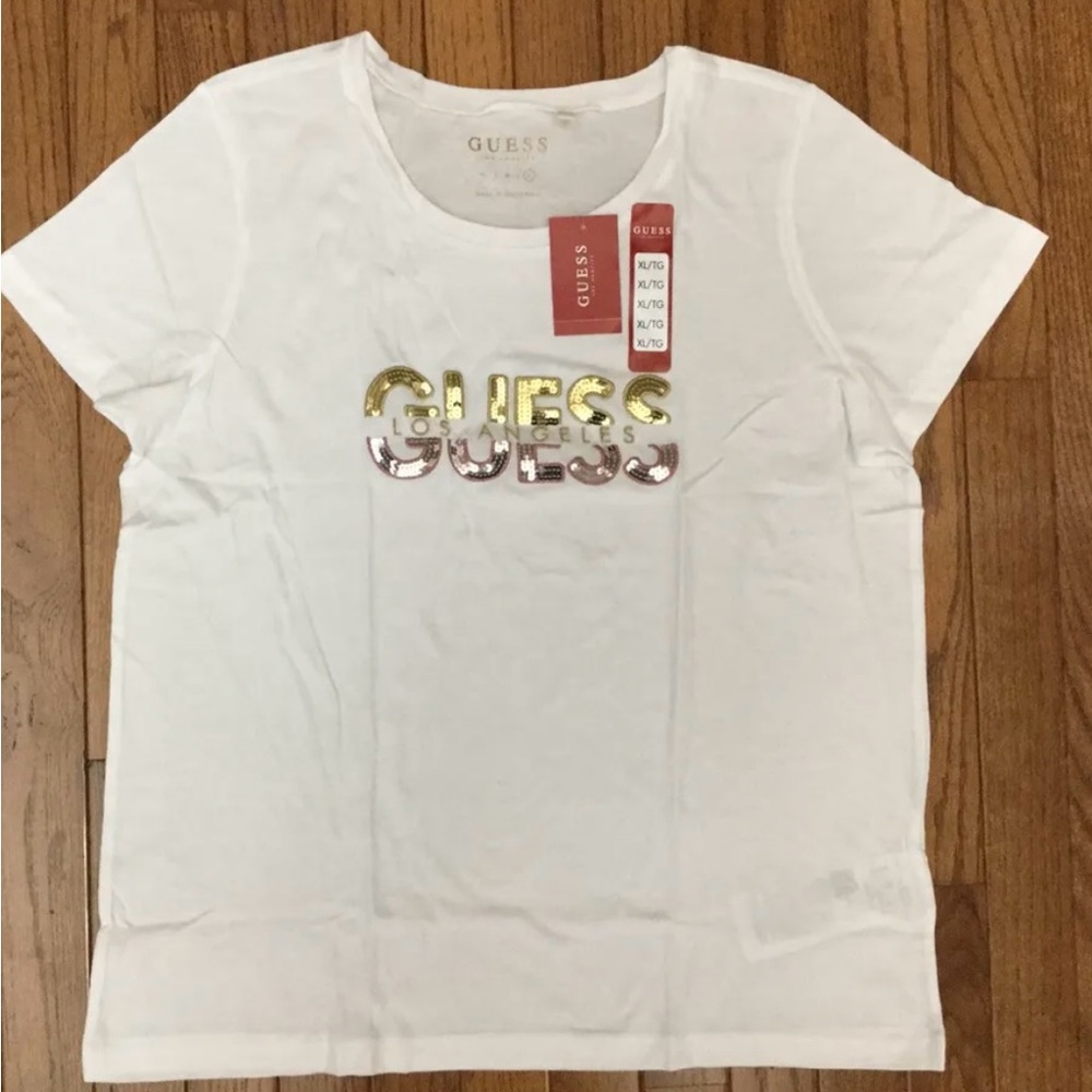 New GUESS Woman’s White Sequins Logo Tee Shirt Top T-shirt Sz XL MSRP $27